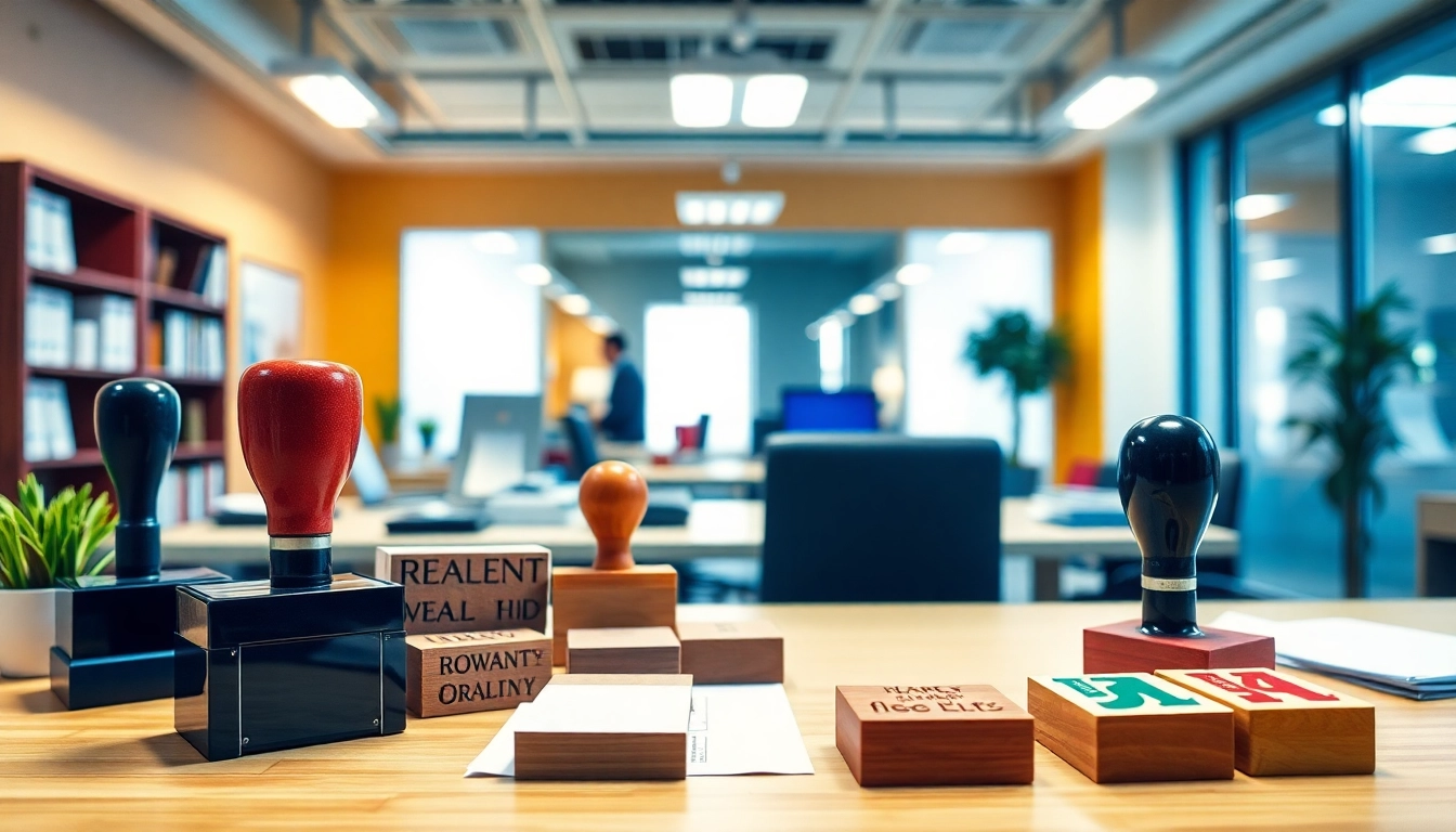 Showcasing diverse pieczątki, neatly arranged on an office desk, illustrating a professional workspace environment.