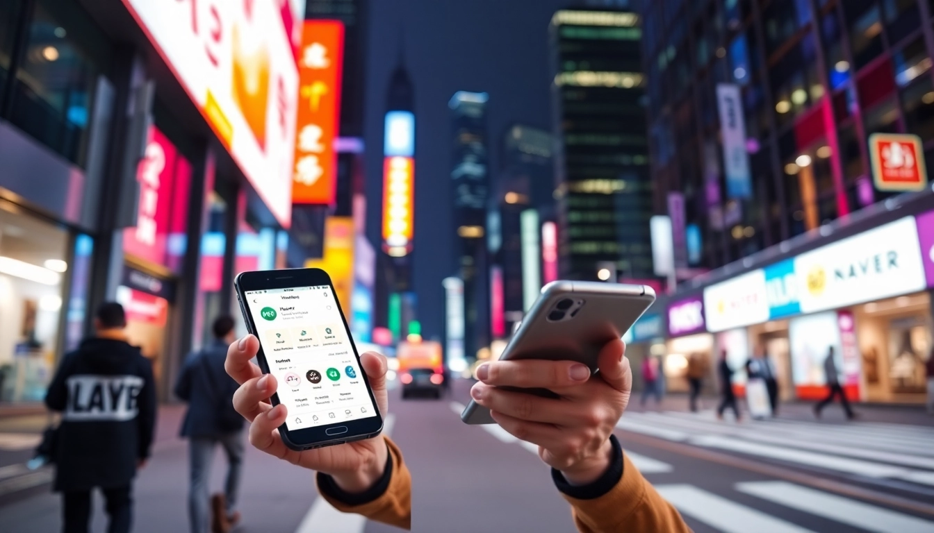 Illustration of a person using Naver on a smartphone to navigate South Korea, highlighting Naver’s digital ecosystem and user engagement.