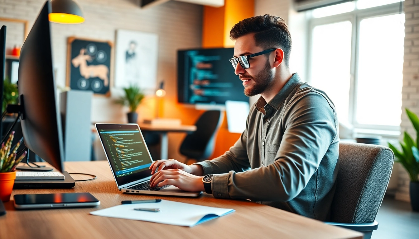 Professional freelancer finding mission freelance opportunities on laptop in a modern workspace
