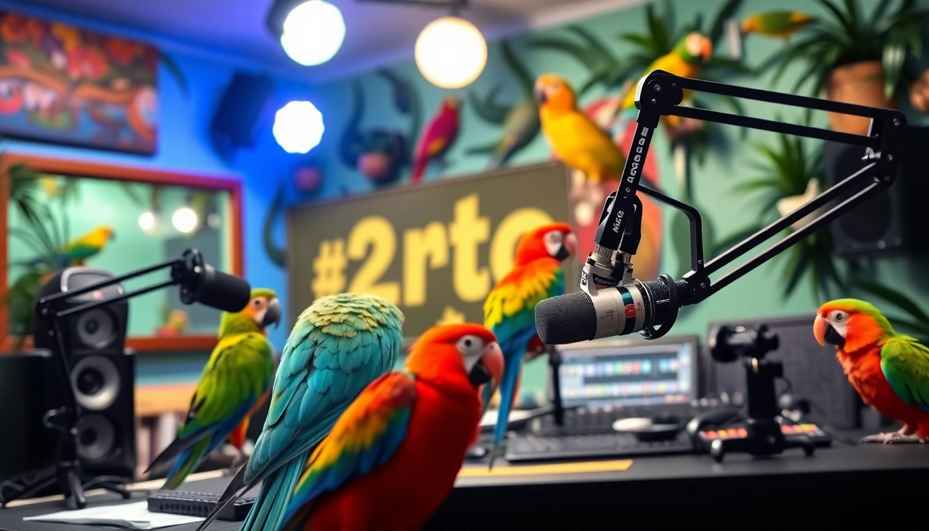 Bird Talk Radio hosts with colorful parrots in a lively broadcast studio setting, emphasizing
