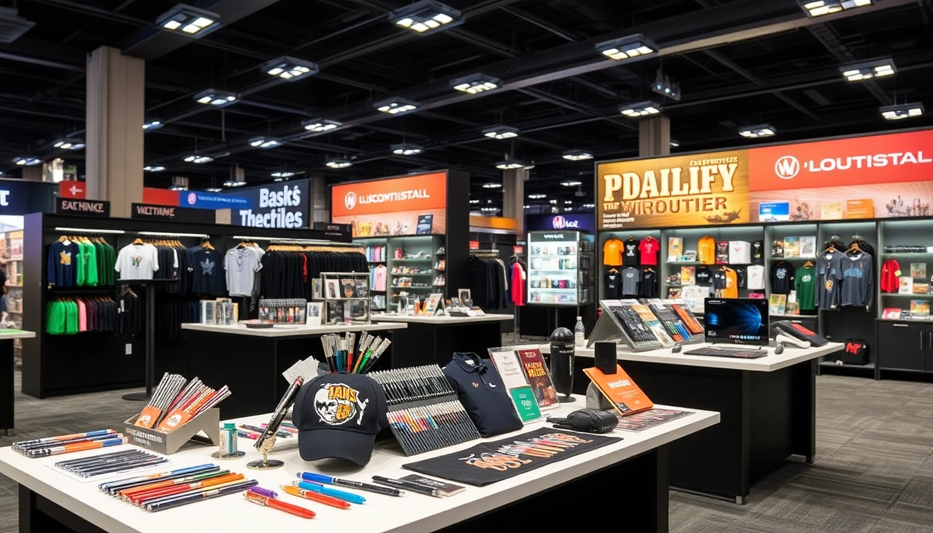 Showcase of promotional products in Louisville, featuring pens, apparel, and tech items