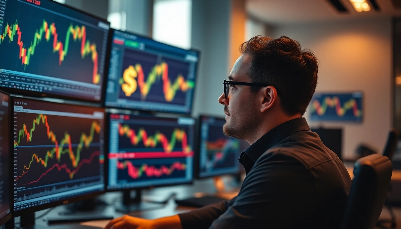 Trading and Investment News analysis showing stock charts, gold, and currency symbols for