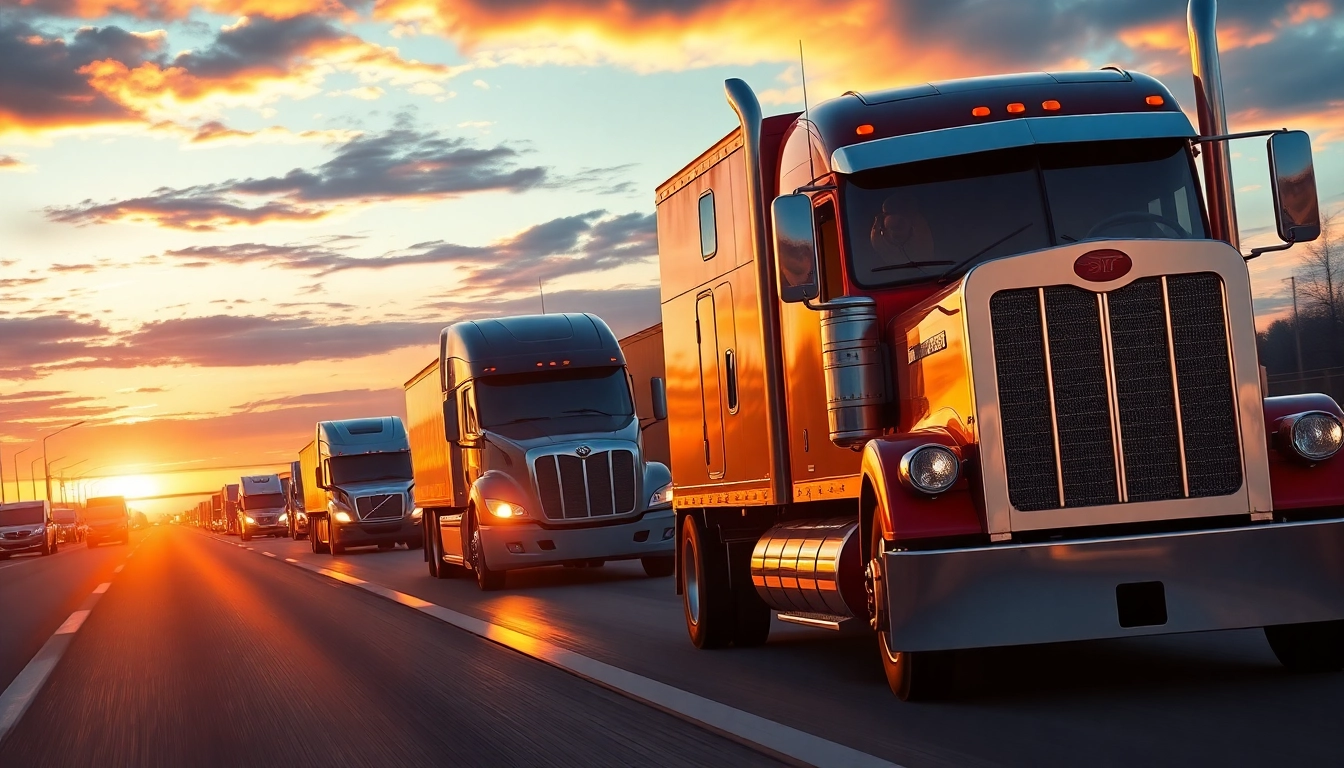 Truckers managing logistics on highways with modern trucks under sunrise sky for efficient