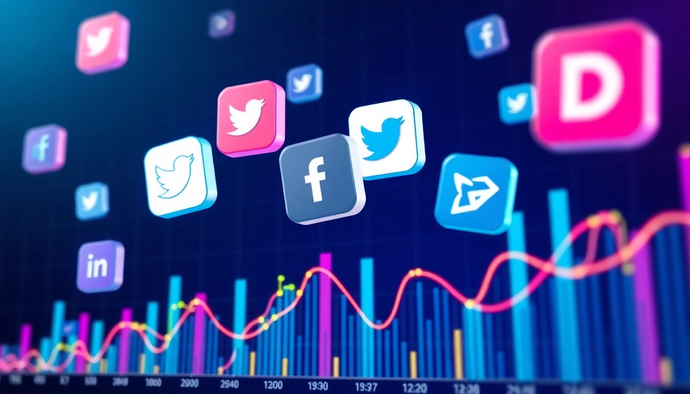 Social Network Trend Updates visualization showing rising graphs and social icons for digital