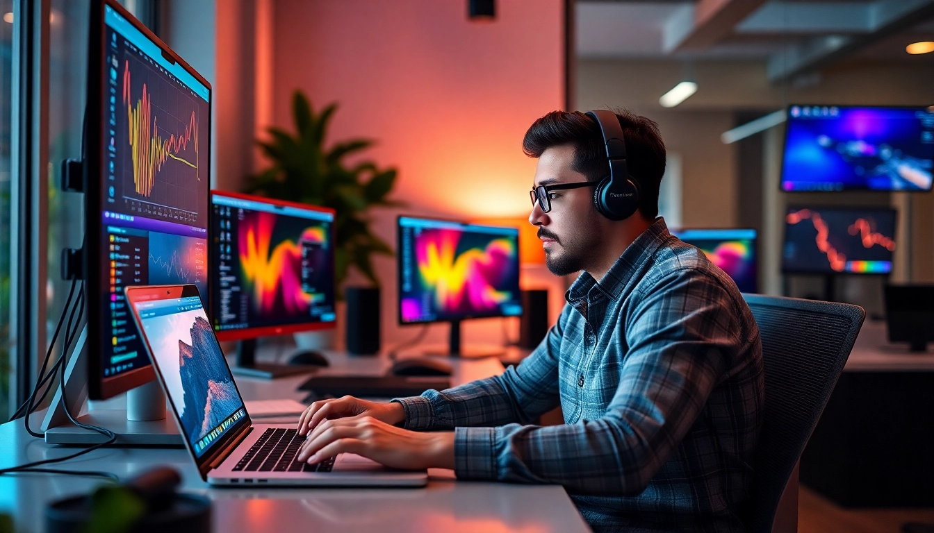 Professional freelancer actively managing mission freelance projects in a modern workspace for