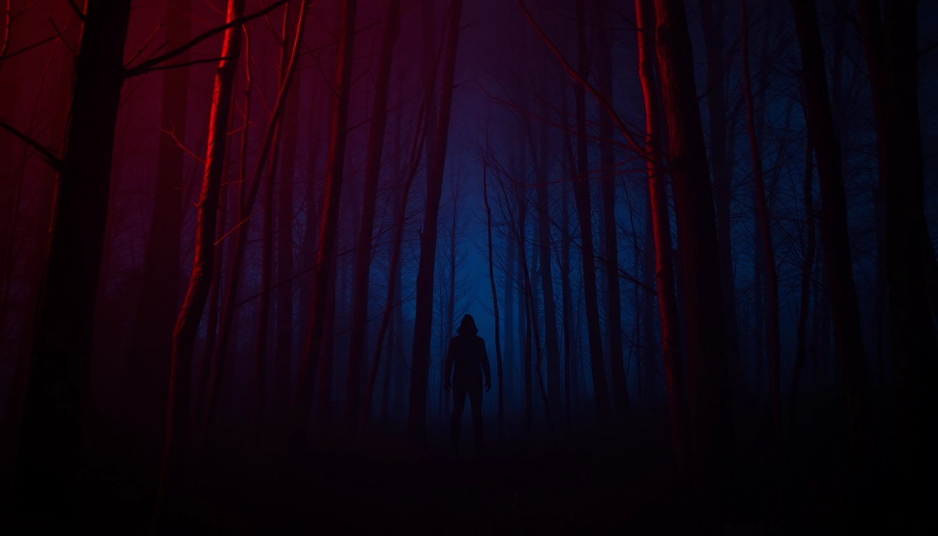 Thumbnail for a compelling horror video showcasing a shadowy figure in a dark forest with eerie lighting to evoke fear.