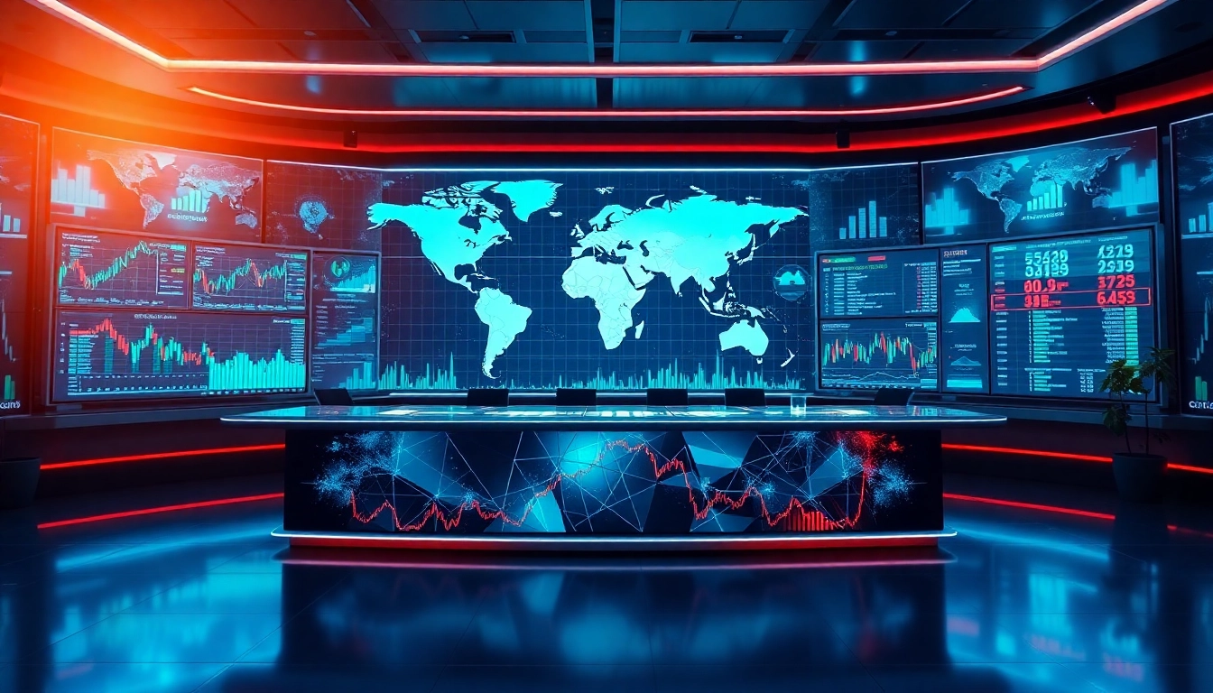 Global Market News updates displayed on professional monitors with world map background for