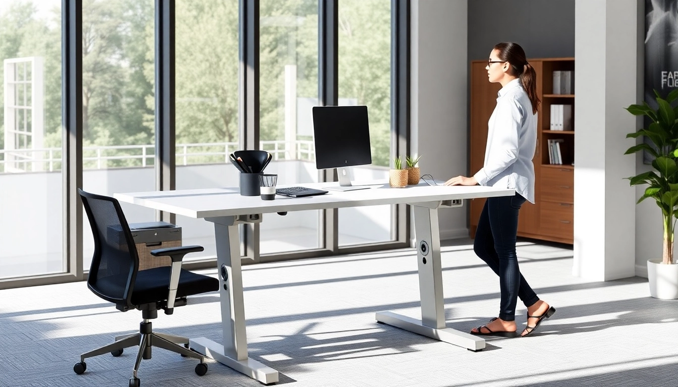 Bright workspace showcasing a modern electric desk with ergonomic setup for comfortable