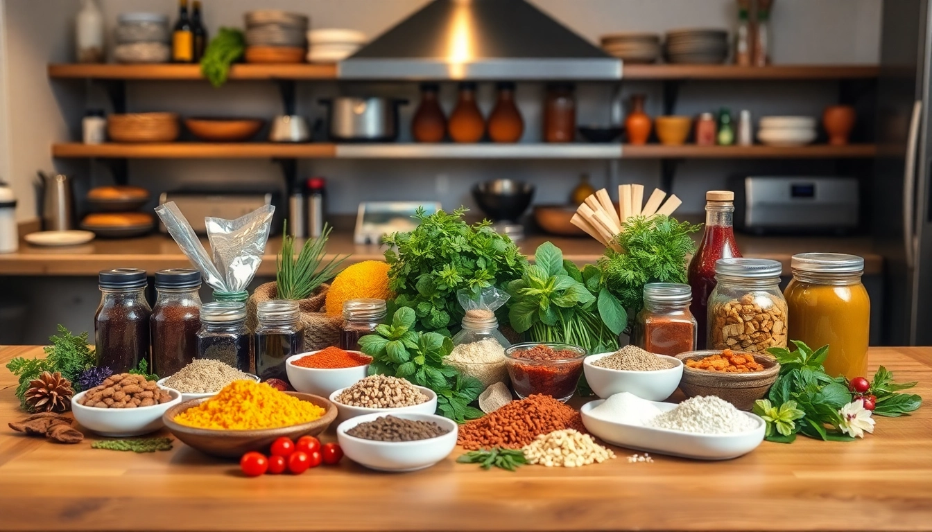 Assorted spices, herbs, and cooking pastes including garlic, ginger, chili sauces, and chutneys