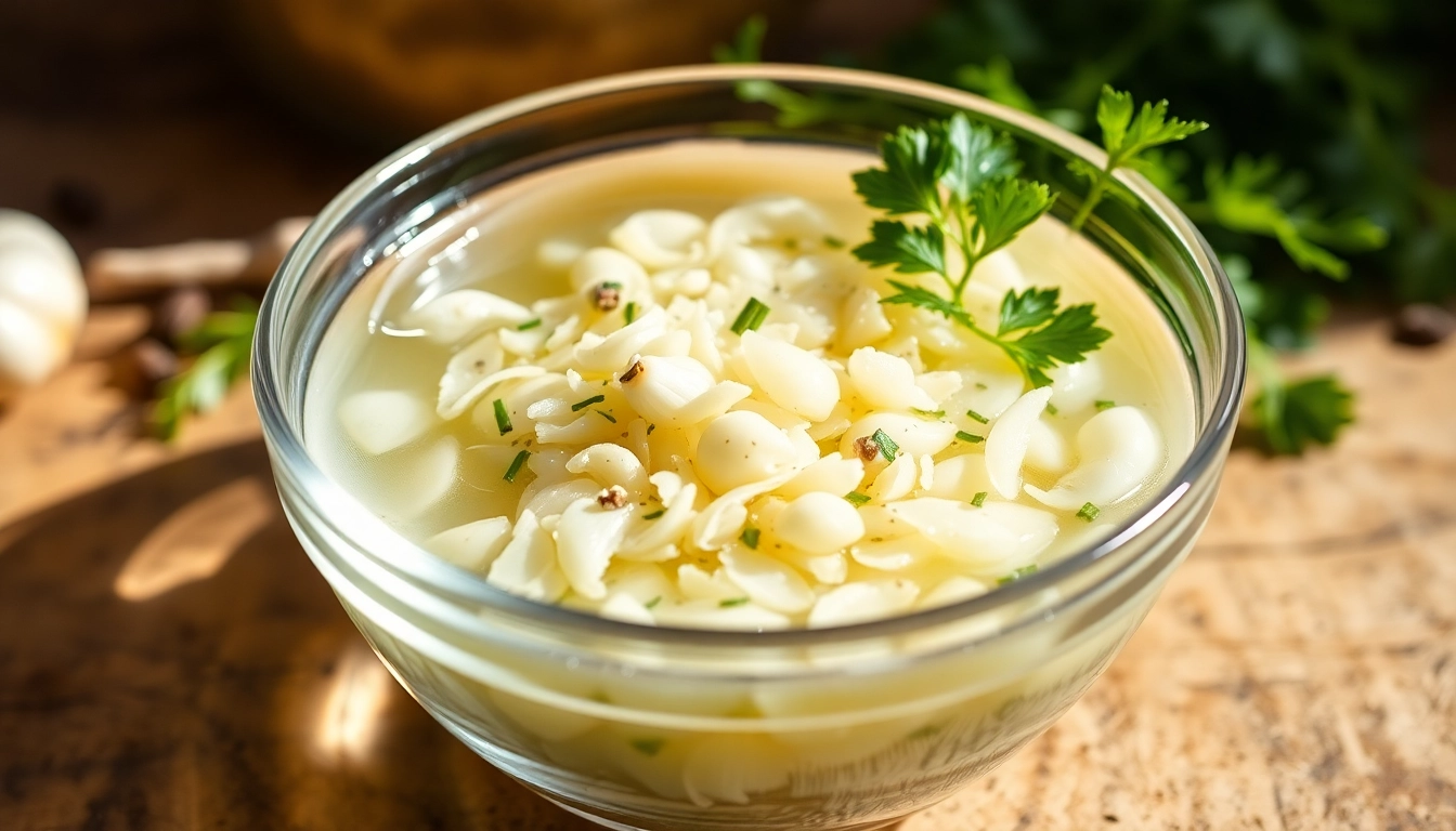 Detailed photo of minced garlic in water showcasing texture and freshness for culinary use